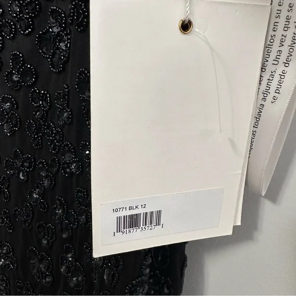 Mac Duggal HAND BEADED FLOUNCE SLEEVE MIDI DRESS Black Size 12 Style 10771 - Picture 8 of 12